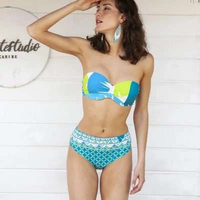 Deidad türkiz-sárga mintás bandeau bikini