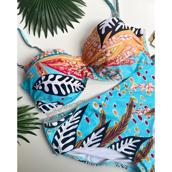 Deidad türkiz-korall mintás bandeau bikini